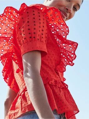 J. Crew Red Eyelet Ruffle Peplum Blouse